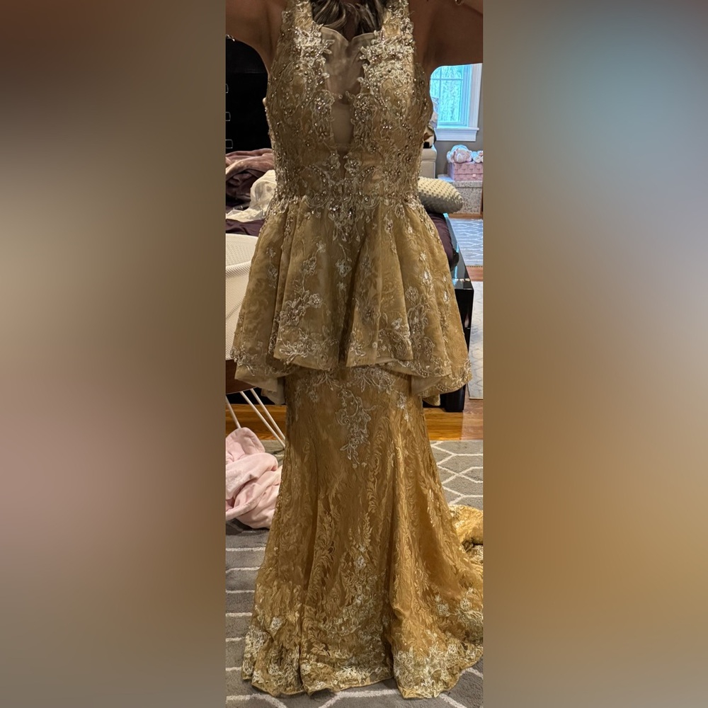 Terani Couture Gold High-Low Ruffled Gown - Picture 7 of 7